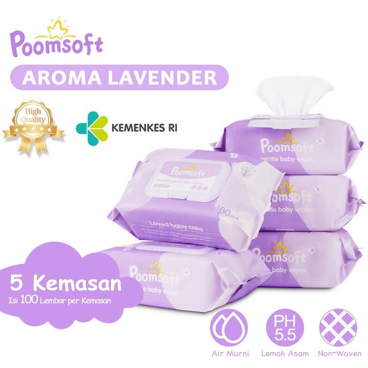 Poomsoft Tisu Basah Bayi 100 Lembar (5 Pack) Aroma Lavender Lembut Tebal Bebas Alkohol & Paraben Disertifikasi Kemenkes PKRT Aman