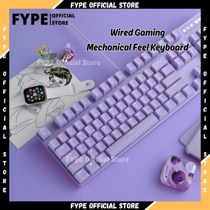 FYPE Gaming Keyboard Mechanical Feel Pink Ungu Girl Cute LED backlight Portable gamen Mekanikal keyboard and mouse Game kabel lucu mékanis kayboard Keyboard external USB Wired mechanic for perempuan PC Komputer eksternal Laptop gamer keyboard