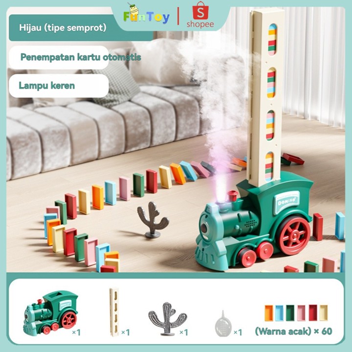 FUNTOY 60 PCS  Domino Train Mainan Edukasi Anak Mainan Anak Anti Patah Dengan lampu Dan Spraying Mist