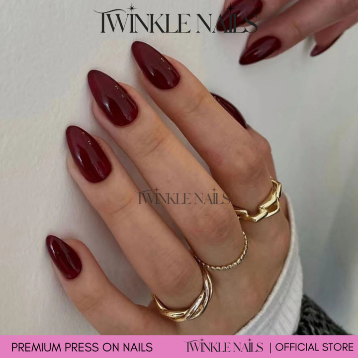 Kuku Palsu Press on Nails Warna Merah Maroon Almond 1Box 24p
