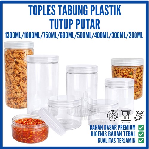 Toples Plastik Tabung Tebal 60gr Tutup Putar Food Grade 200, 300, 400, 500, 600, 750, 1000, 1300ml | Toples Kue Snack Sambal Bumbu | Jar Silinder Bening Pet Toples Kue kering
