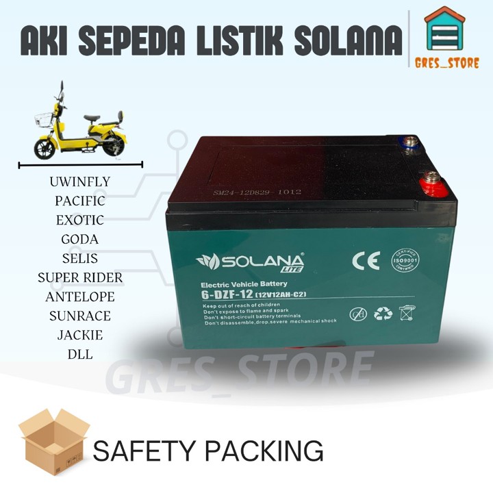 AKI SEPEDA LISTRIK 12Volt 12AH SOLANA 6dzf12 BATERAI SEPEDA 