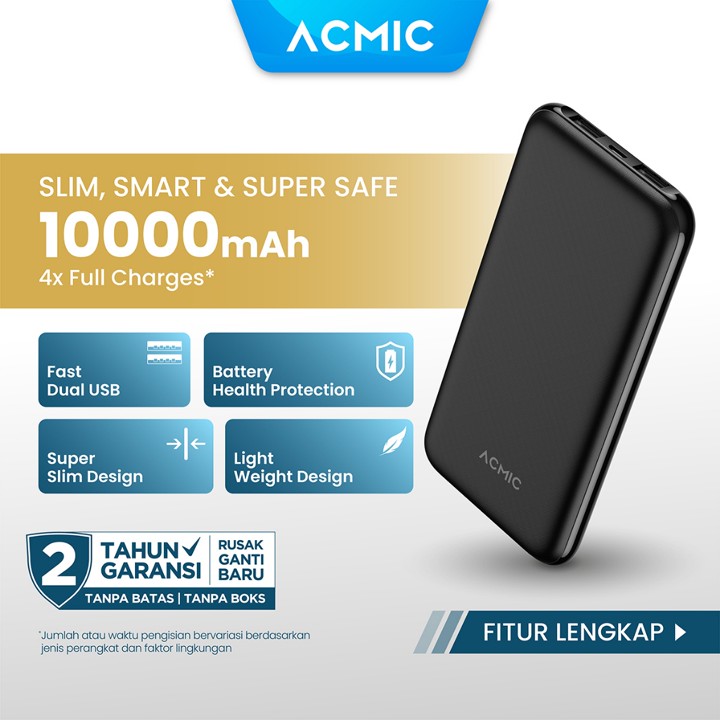 ACMIC PowerSlim 10000mAh Slim PowerBank 2A Fast Charge