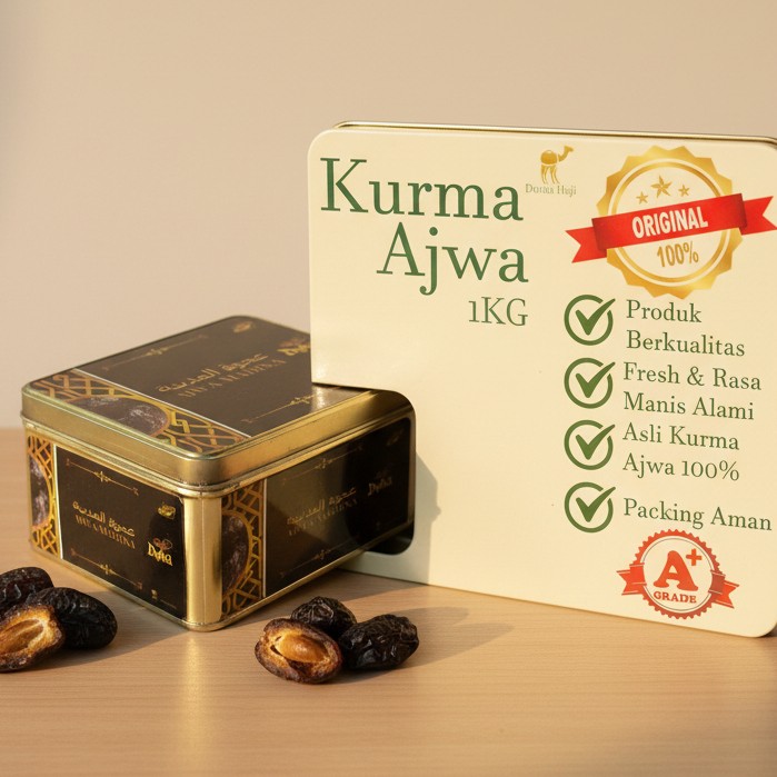 kurma ajwa 1kg lembut kemasan kaleng duha dates / azwa ajwah kurma nabi empuk 100% asli madinah premium exclusive