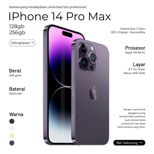 Garansi 12 Bulan – iPhone 14 Pro Max 128/256GB Like New, Original iBox, IMEI Ter