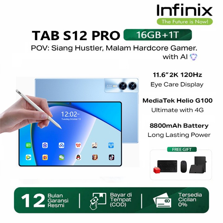 Infnixs Tablet PC S12 PRO Asli Baru 11.6" IPS Screen 120Hz Android Tablet Dual SIM Wifi tablet murah Android 13 8800mAh Dual SIM Android Tablet 16GB+1TB Edukasi Promosi Produk Garansi Learning Gaming