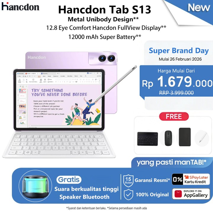 [Free Mouse Keyboard Case] Hancdon tablet android S13 Plus (16GB + 1024GB) | IPS 12.8" | Android 15 | ChatGPT | NFC tablet murah untuk Belajar,Gaming, Kerja & Hiburan 5G Dual SIM WiFi tablet anak android Kamera 64MP Kapasitas baterai besar 12000 mAh