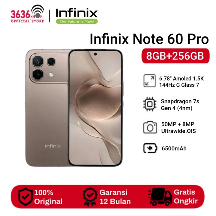 Infinix Note 60 Pro 5G 8GB+256GB Display 144Hz 6.78" G Glass 7 Prosessor Snapdragon 7s Gen 4 (4nm) Main Camera 50MP With OIS Battery 6500mAh  NFC Supported Garansi Resmi 1 Tahun