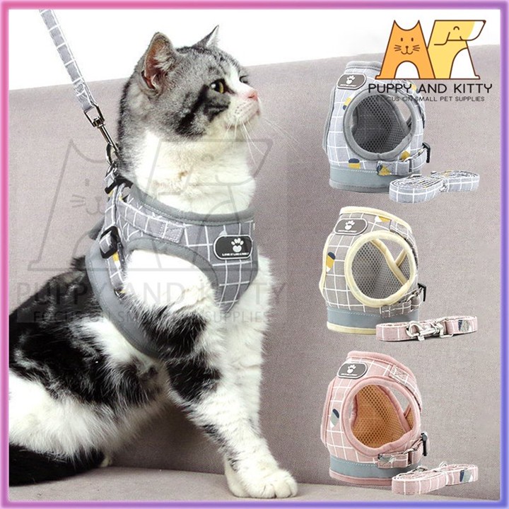 Tali Tuntun Motif Plaid Kotak Harness Anjing Kucing Kecil Ta