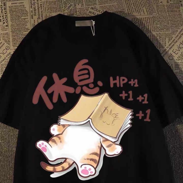 Kaos katun murni kucing istirahat, pria wanita, baru 2025, m