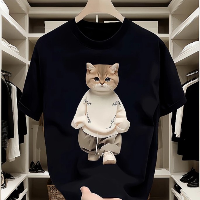 Kaos Kucing lucu Oversize Pria Wanita Atasan Heavy Cotton Ny