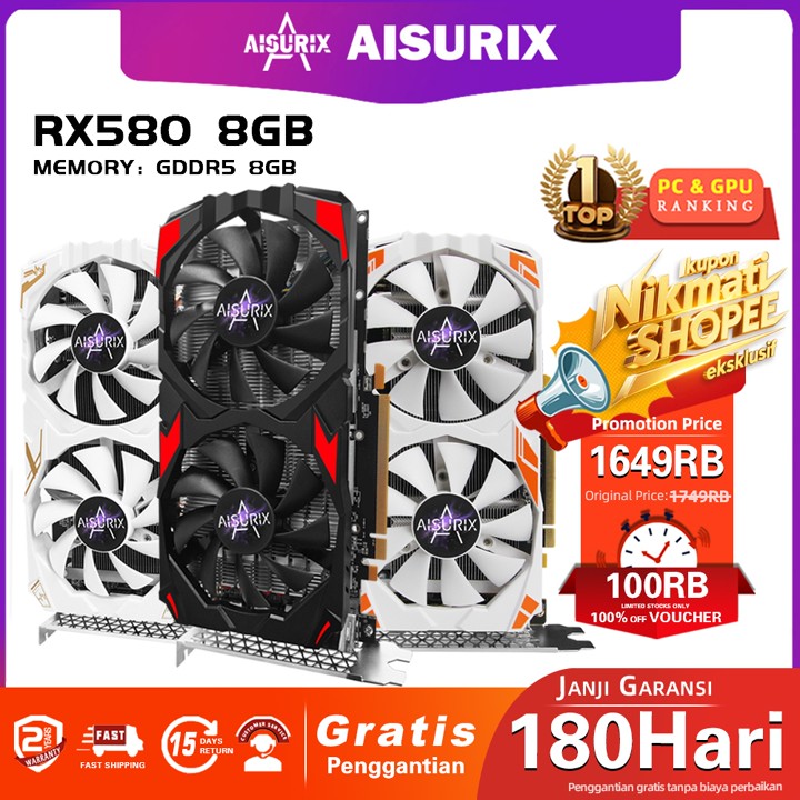 AISURIX VGA Card RX 580 8GB GDDR5 256Bit 2048SP HDMI PC Gami