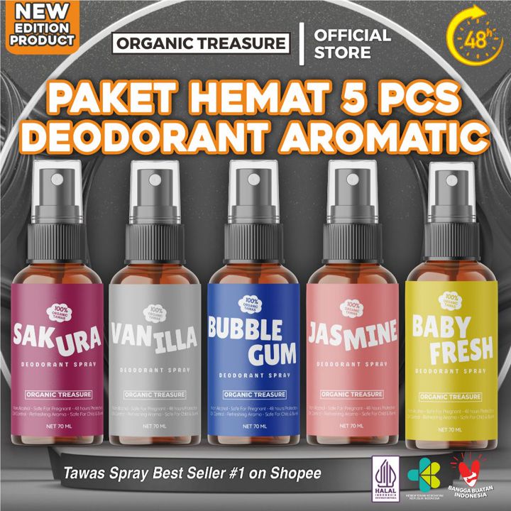 ORGANIC TREASURE - PAKET HEMAT 5 TAWAS AROMATIC Deodorant Spray  [70 ML] Penghilang Bau Badan Ketiak Alami & Premium, Terlaris 1 di Shopee.