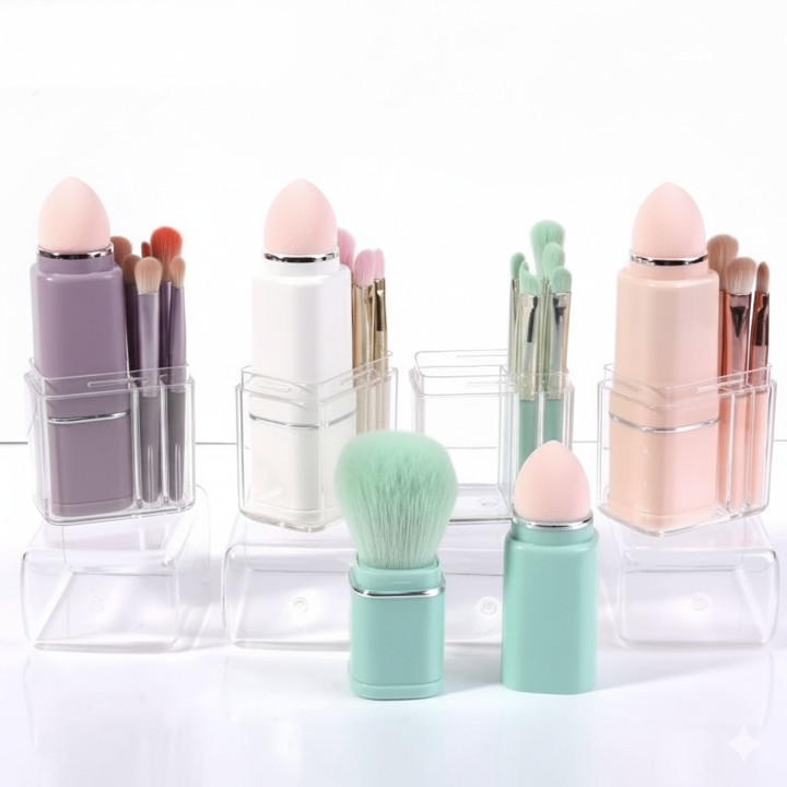 GROSIR KOSMETIK EXPORT Brush Make Up Premium Mini Travel 8in1 – Kuas Makeup Brush Akrilik Telescopic Lengkap, Bulu Halus Tebal, Cocok Pemula & Profesional, Alat Makeup Praktis Serba Guna
