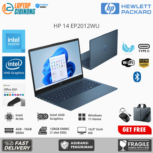 Laptop Hp 14 EP2012WU intel N150 Quad Core Ram 16GB 512GB SSD Windows 11 Blue Or