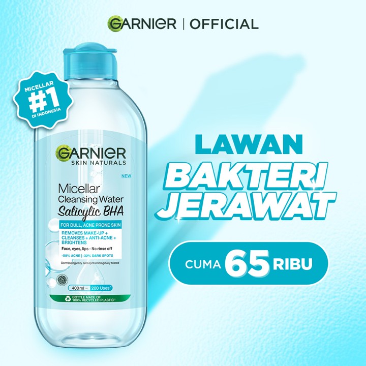 GARNIER Micellar Water Blue Salicylic Acid 400ml Skincare Cleansing - Skincare Pembersih Wajah & Make up untuk kulit berminyak jerawat Micellar Cleansing Water