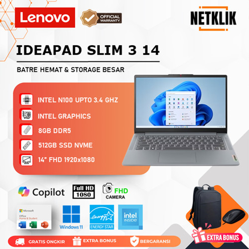 LENOVO IDEAPAD SLIM 3 14 INTEL N100 - RAM 8GB DDR5 512GB WIN11 OHS 14.0 FHD