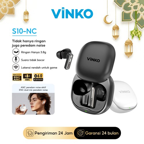 VINKO S10-NC, headset bluetooth TWS earphone Bluetooth 6.0 dengan earbud  ANC+ENC & AI Pembatalan Kebisingan, Berat 3.8g Ringan, Tanpa Kebocoran Suara, Latensi Rendah Game, 4 Mikrofon ENC, Desain Ergonomis 45°, Garansi 2 Tahun, 100% Original