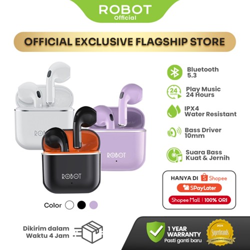 Robot TWS Wireless Earphone Airbuds T50S Original BT 6.0 True Wireless Headset Bluetooth Earbuds IPX4 WaterProof - Garansi 1 Tahun