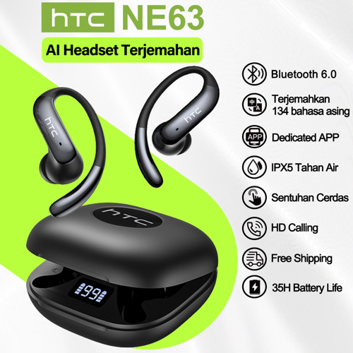 HTC NE63 Headset terjemahan cerdas bertenaga AI Wireless Bluetooth headset V6.0 tws earhook in ear earphone headset gaming headset olahraga earphone sport IPX5 Battery display HIFI Long battery life and high-definition calls