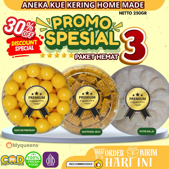 (PAKET SPECIAL) promo isi 3toples 250g premium home made Nastar premium kastengel keju putri salju enak lembut termurah best seller