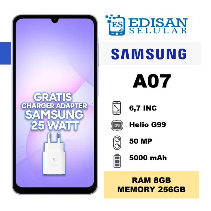 Samsung Galaxy A07 [PLUS ADAPTOR] [4GB+64GB] [4GB+128GB] [6GB+128GB] - Mediatek Helio G99 - Camera 50MP - 5000mAh - Garansi Resmi Samsung Indonesia