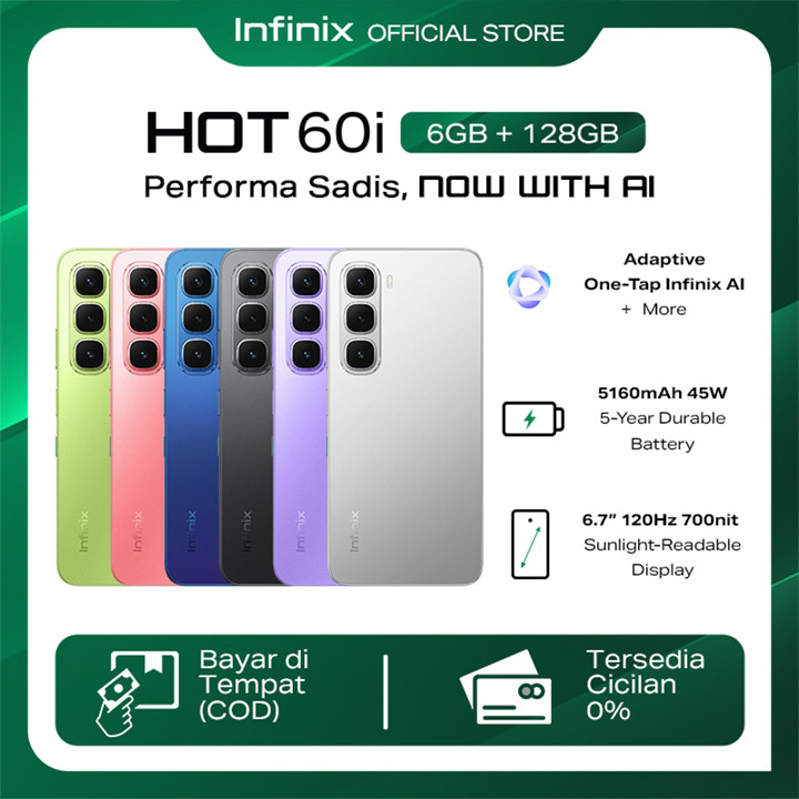 Infinix Hot 60i 6/128GB - Up to 12GB Extended RAM - Helio G81 - 6.7 inch 120Hz HD+ - 50MP - 5160 mAh - NFC