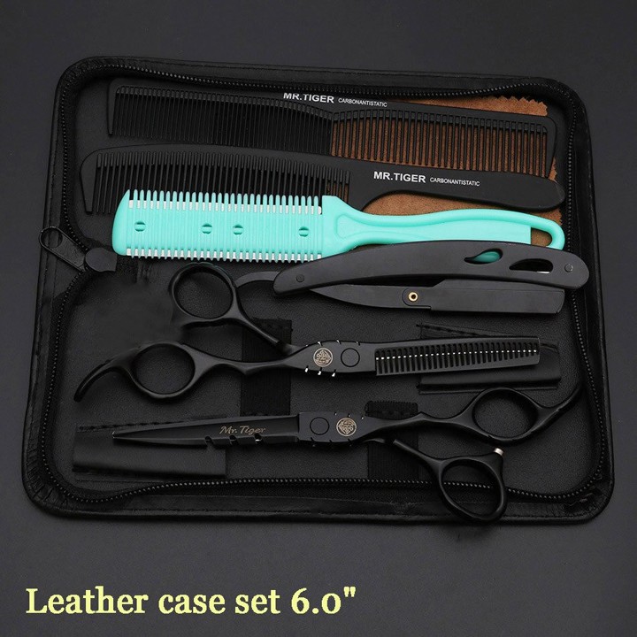 Set Gunting Rambut Salon Professional Barber 6 Inch 2 PCS with Razor Comb Hair Knife - MrTiger 440C Stainless Steel