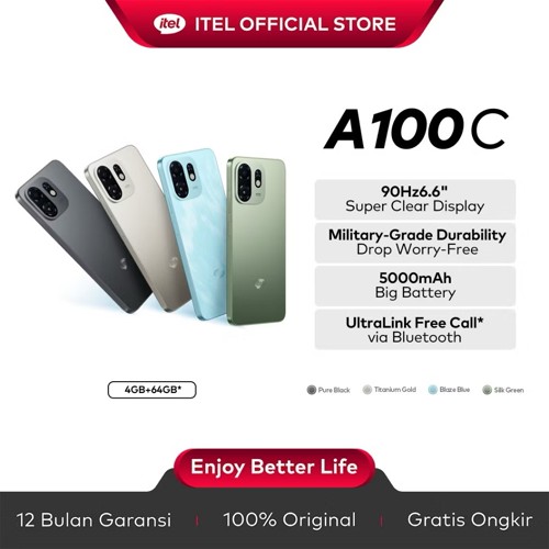 itel A100C 4+64GB Layar 6.6" 90Hz Tahan Banting Military-Grade Big Memory UltraLink Free Call 5000mAh Battery