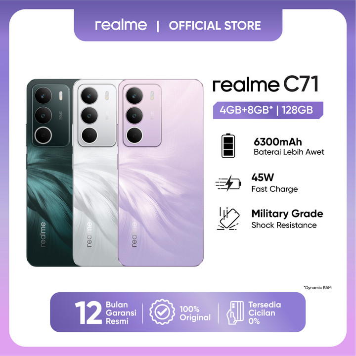 realme C71 4GB+8GB* |128GB (6300 Baterai | 45W Fast Charge |