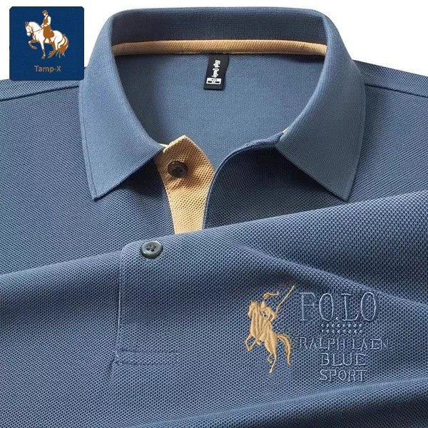 Tamp-X Polo Shirt Pria Kaos Distro Kerah Casual Lengan Pendek Bordir korean style Biru Slimfit
