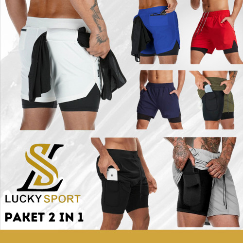 CELANA LARI PRIA WANITA LUCKYSPORT BAHAN DRYFIT 2 IN 1 RUNNING JOGING