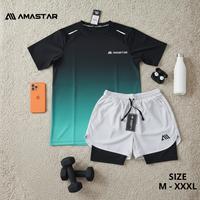 AMASTAR - 2 PCS/1set Baju Running olahraga pria/Celana Double Short badminton pr