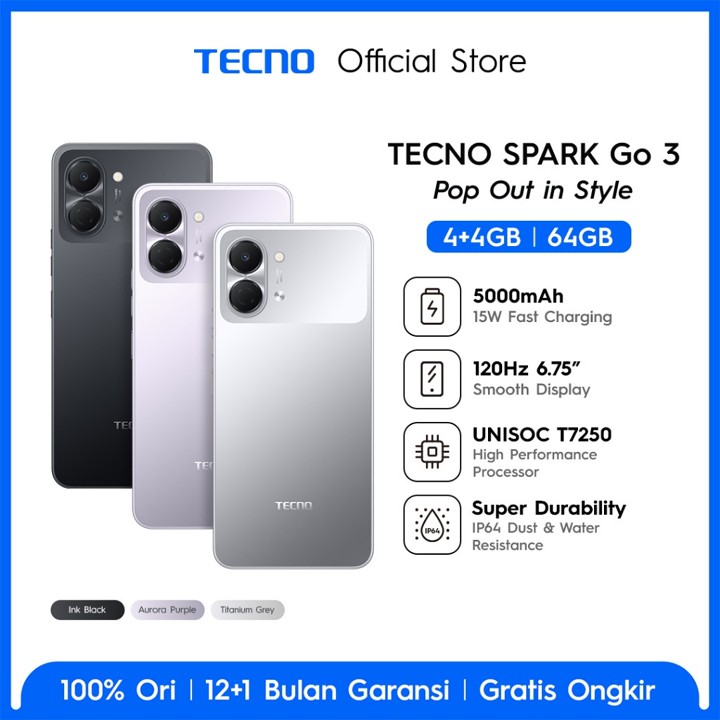 TECNO SPARK Go 3 4GB+4GB*/64GB, IP64, 6.75" HD+, 120Hz Smooth Display, 5000mAh, 15W* Charging