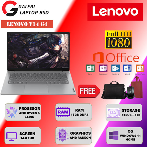 Laptop gaming LENOVO V14 G4 Amd Ryzen 5 7430U Ram 16GB Ssd 1TB Full HD Win 11 Terbaru