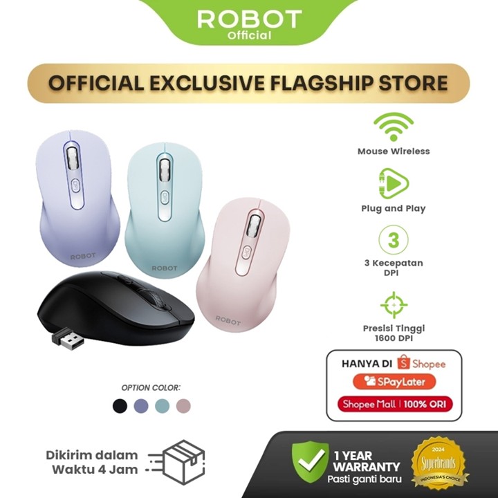ROBOT Mouse Wireless M206 2.4GHz Optical 1600DPI Presisi Tinggi Akurat Plug and Play Tombol Daya Baterai Awet Kompatibel PC Laptop Mac Komputer Original - Garansi 1 Tahun