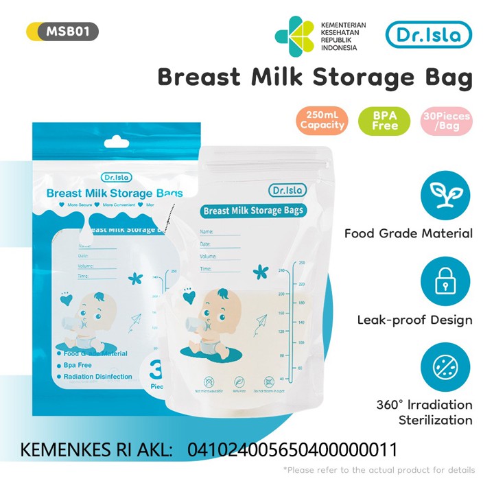 Dr.isla Kantong ASI 250ml/30Pcs Penampung Asi Kantong Susu Pack Bpa Free Sekali Pakai Breastmilk Storage Bag MSB01