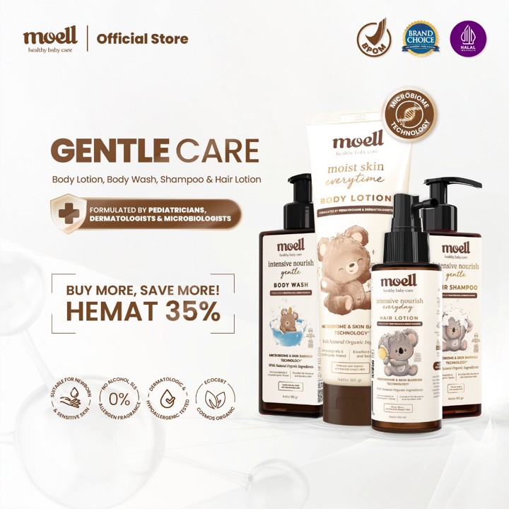Moell Gentle Care Body Wash 185gr & Body lotion 185gr & Shampoo 185gr & Hair Lotion 100gr - Paket Perawatan Bayi dan Anak Formulasi Dokter - kulit Kering & Sensitif - Skincare Anak & Bayi