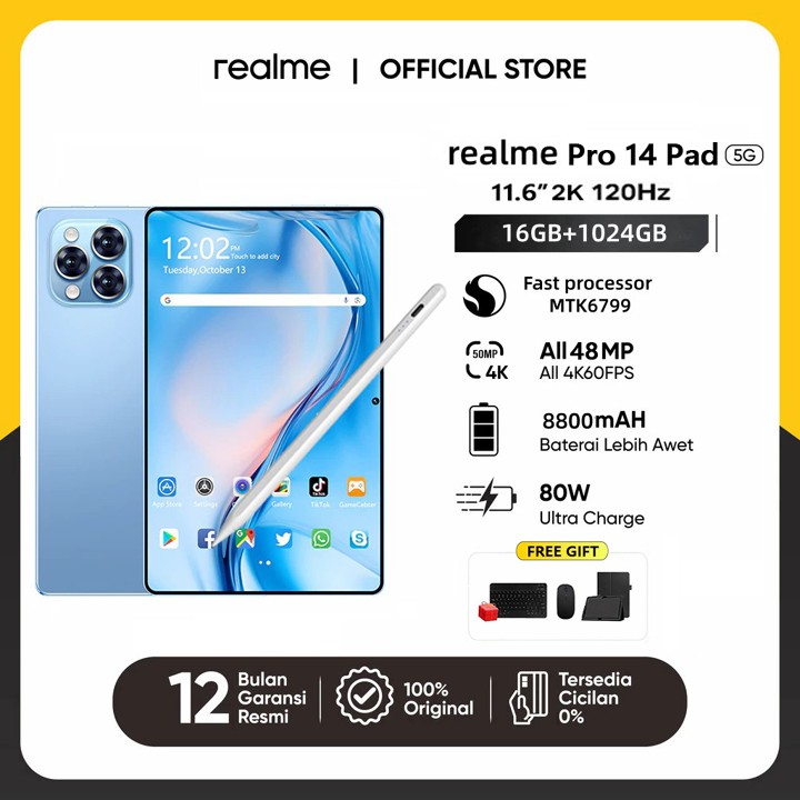 raeIme Asli Baru Pro 14 Pad 5G/4G Tablet Android 11.6 inci IPS HD WIFI 8800mAh Android 13 Galaxy Tab Pro14 (RAM 16GB+ROM 1TB) Dual Card Tablet android tablet Edukasi Promosi Produk Garansi Learning Gaming Tablet
