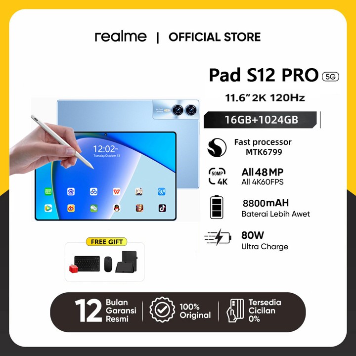 raelme Asli Baru S12 PRO NFC PAD Tablet Android 11.6" IPS Screen 120Hz 5G/4G WiFi Tab Asli Resmi Tablet promo trade in tab Dual SIM RAM 16GB/1TB Android 14 AI HD Kamera Tablet Baru Promosi Produk Garansi Gaming Edukas tablet Infinix Tablet COD