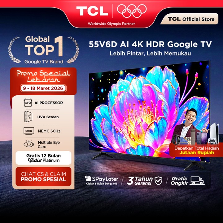 TCL AI 4K Google TV 55 inch V6D - MEMC - HDR 10 - HVA Panel 
