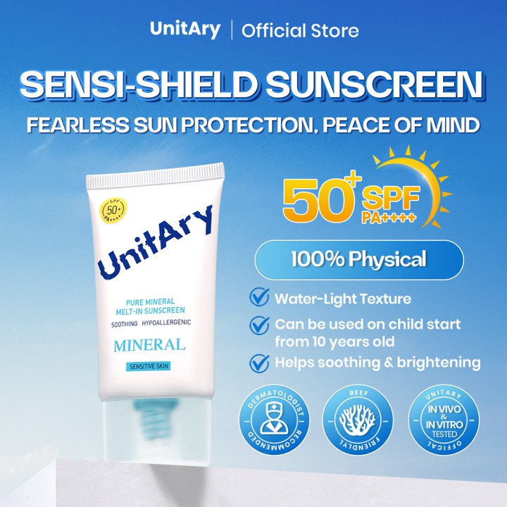 Unitary Mineral Sensitive Skin 3-IN-1 Acne Sun Serum Physical sunscreen SPF50+PA+++ untuk mengatasi Kulit Sensitif dan berjerawat, Melindungi dan mencerahkan kulit dari sinar UV, Mengatasi Kemerahan pada kulit.
