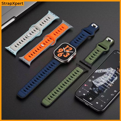 Rubber Silicone Two Tone Strap for Apple Watch Ultra 3/2/1 49mm 41mm 45mm 38mm 40mm 42mm 44mm Sport Tali Jam Tangan Band For iWatch Series 11 10 1 2 3 4 5 6 9 8 7 SE 3/2/1 Smartwatch DT No 1 HW22 W26 IWO T500 T500 + T500+pro Logam Metal buckle Accessories