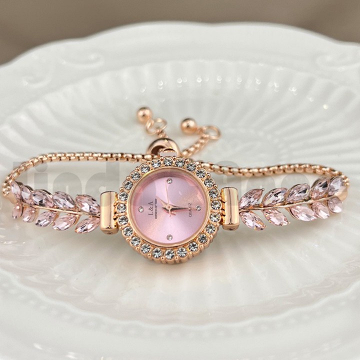 L&A - Jam Tangan Wanita Serut Mewah Motif Bunga Aksen Permata Analog Wrist Watch Fashion