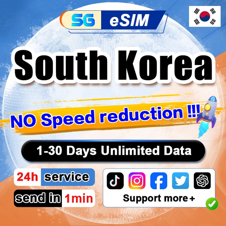 Korea eSIM 5G  High Speed 1-30 Days Unlimited Data  South Korea KT/SK eSIM Card