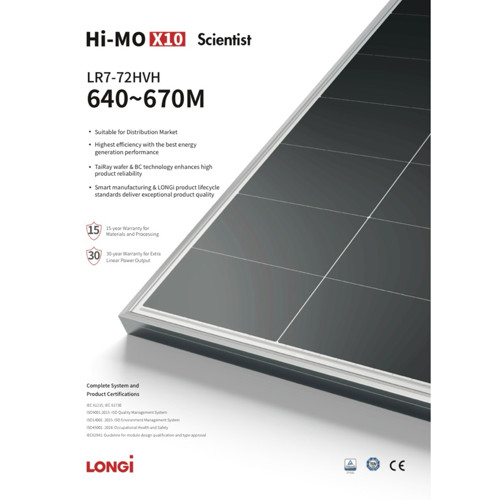 Paket 2 PCS Panel Surya LONGI Hi-Mo X 10 Scientist LR7-72HVH 640~ 670 M(650 WP + FREE PACKING KAYU)