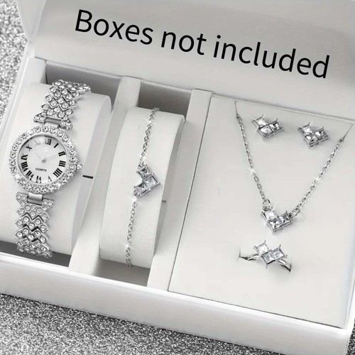 5PCS Jam Tangan Kuarsa Wanita Skala Romawi Berlian Set Sub D