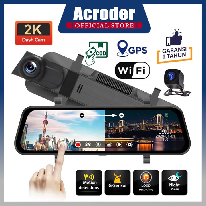 Acroder Dashcam Mobil WIFI 4K 10 Inch Layar Sentuh IPS Night Vision Dual Lens Perekaman Loop 24 jam