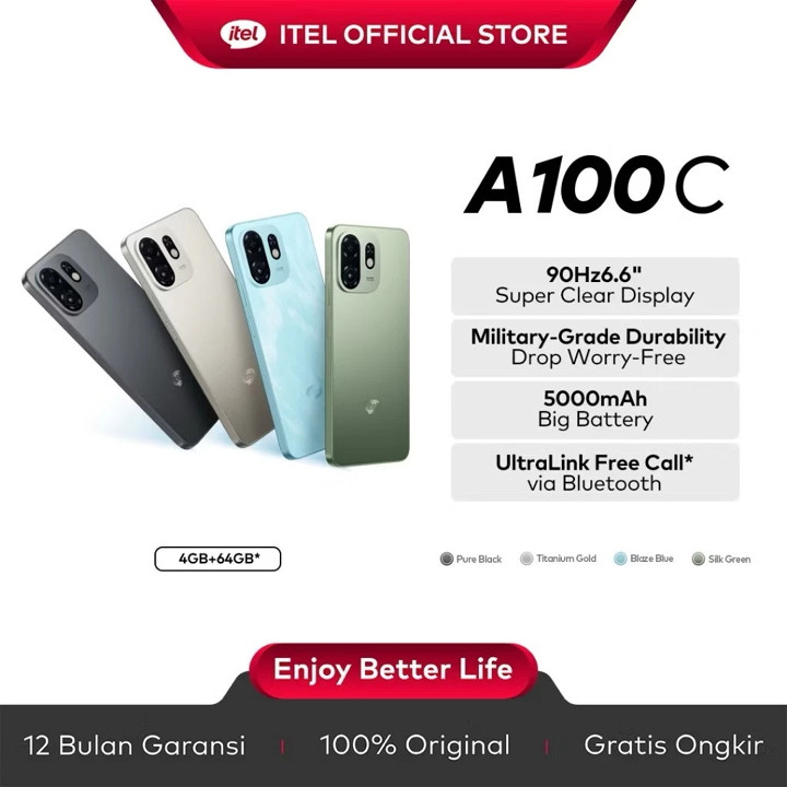 ITEL A100C 4+64GB Layar 6.6" 90Hz Tahan Banting Military-Grade Big Memory UltraLink Free Call 5000mAh Battery