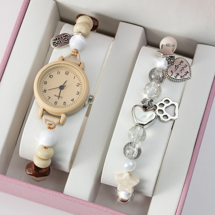 2PCS Jam Tangan Kuarsa Wanita Skala Sederhana Gelang Manik-manik Dial Kecil Set 